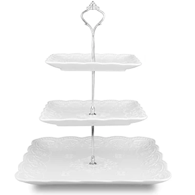 Image of Nyxi Cake Stand Afternoon Tea White Ceramic Square 3 Tier Porcelain Sauare Display with New Crown Silver Fittings