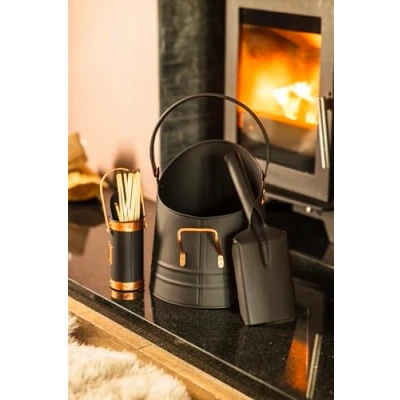Image of Marco Paul Coal BUCKET, SHOVEL and MATCH CANISTER Bunker Home Decor Metal Bucket Heavy Duty Fireplace Accessories Kindling Fire (Black &amp; Bronze) 38cm