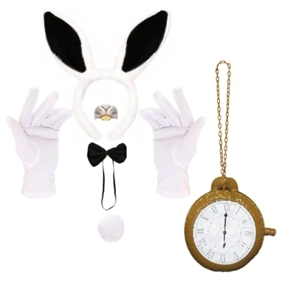 Image of Adults Bunny Costume Accessory Set White &amp; Black Rabbit Ears, Bowtie, Tail, Nose, Gloves, Inflatable Clock World Book Day Week Fancy Dress Accessories