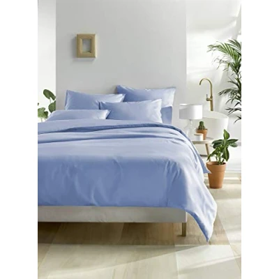 Image of De Witte Lietaer Olivia Cotton Sateen Pressed Fitted Sheet, Serenity Blue, 200 x cm