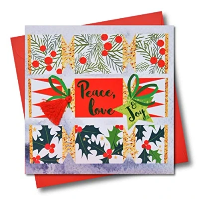 Image of Christmas Card, Crackers, Peace Love and Joy, Tassel Embellished