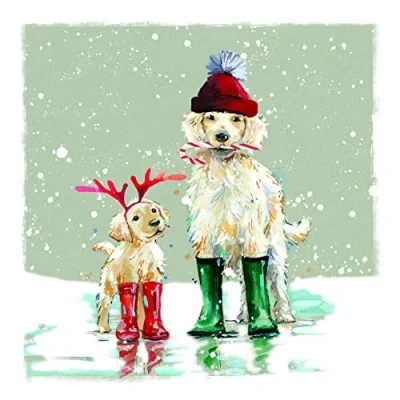 Image of GBCC Ling Design Box of 20 Artistic Charity Christmas Cards &#039;Golden Retrievers&#039; Dog &amp; Puppy Wearing Wellies From The Great British Card Company, Multicoloured, 124 x 124mm