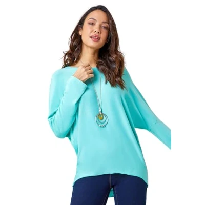 Image of Roman Necklace Detail Stretch Knit Top for Women UK Ladies Autumn Everyday Winter Holiday Round Neckline Comfy Long Sleeve Soft Dipped Hem Daywear Shirts Aqua Size L
