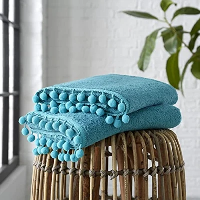 Image of GC GAVENO CAVAILIA Luxury 2PK Pom Pure Cotton 550 GSM Ultra Soft Super Absorbent Bath Sheets, Egyptian, Teal, Pack of 2 Hand Towel