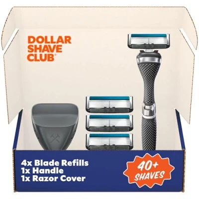 Image of Dollar Shave Club 6 Blade Travel Shaving Kit Diamond Grip Series Razor Handle, Cartridges and Cover, Blue (pack of 1)