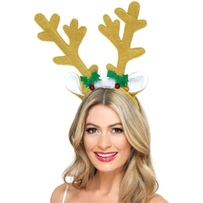 Image of Smiffys Reindeer Antlers, Brown on Headband, Christmas Fancy Dress Accessory, Xmas Up Accessories