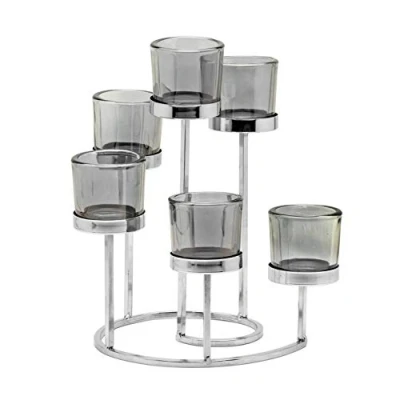 Image of Hestia Silver Luxe Smoked Glass Off Set Effect 6 Candle Holder