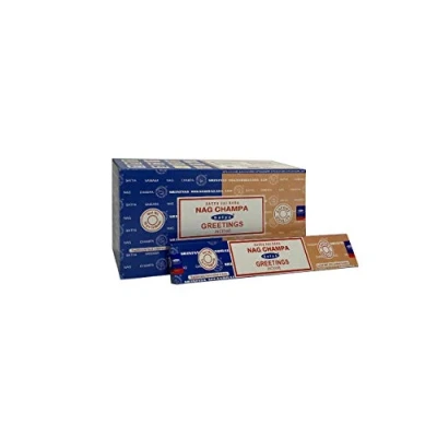 Image of Satya 01320 Nag Champa &amp; Greetings Combo Set of Incense Sticks, 12 Packs x 16g, Multi, One Size