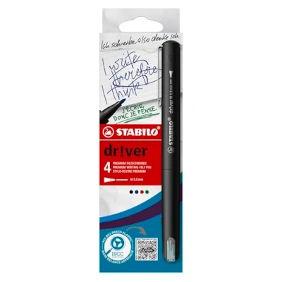 Image of STABILO Premium Felt Tip Pen dr!ver Medium Pack of 4 Black, Blue, Green, Red