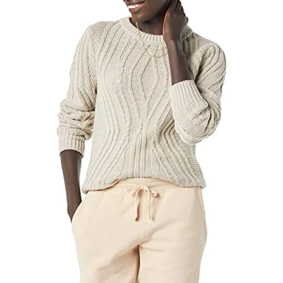 Image of Amazon Essentials Women&#039;s 100% Cotton Crewneck Cable Jumper, Beige, S