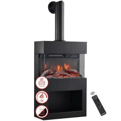Image of KAMINIO Electric Fireplace Henri with Stove Pipe Heater, 3D Flame Effect, Wood Storage Compartment, Remote Control (Black)