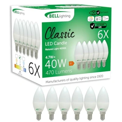 Image of Bell Lighting Small Edison Screw E14 Dimmable Light Bulb LED Candle 6 Pack Cool White 4000K 470 Lumen 4.7W Energy Saving 40W Halogen Lamp Equivalent