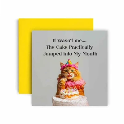 Image of Huxters Funny Birthday Card for Her Women Cat Cake Jumped in Mouth Gift Mum Friend Bestie Daughter Auntie Sister Niece 14.8cm (Cake Jumped)