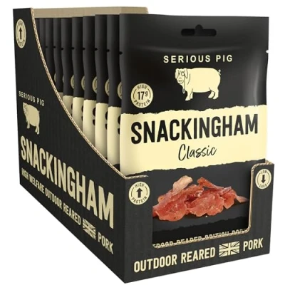 Image of SERIOUS PIG Snackingham Pork Ham Meat Snack 12 Pack, Classic Flavour Savoury Pub Snacks Food