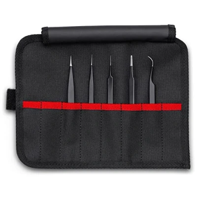 Image of KNIPEX Tools 92 00 01 ESD 5 Pc Stainless Steel Tweezers Set in Tool Roll ESD, Black
