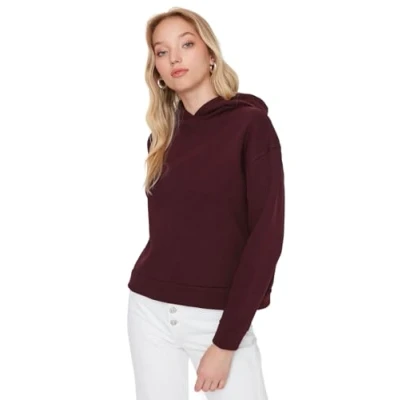 Image of Trendyol Women Basic Regular fit Hood Knitted Sweatshirt Burgundy