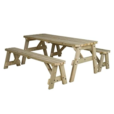 Image of Arbor Garden Solutions Wooden picnic table and benches set, Victoria rounded patio furniture (6ft, Light Green (Natural))