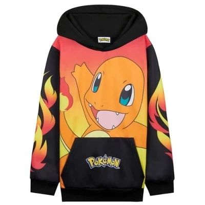 Image of Pokemon Boys Hoodie with Cuffed Sleeves, Kangaroo Pocket Anime Gifts (Black/Red Charmander, 11 12 Years)