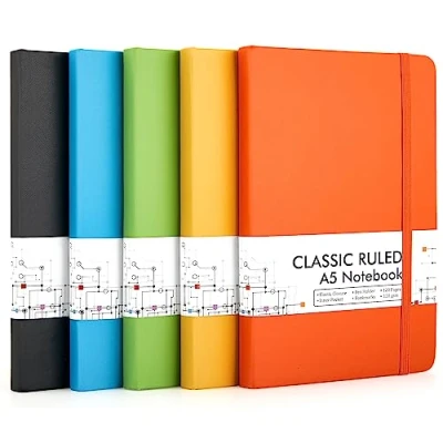 Image of feela 5 Pack A5 Notebooks Multipack, Ruled Lined Notepads (120 GSM), Hardback Journal Notebook with Black Gel Pens for Work, Study, School, 128 Pages/Pack, 21 x 13 cm, Solid Colours