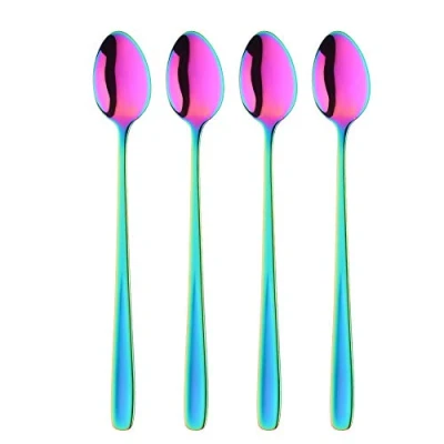 Image of BISDARUN Latte Spoons Rainbow Teaspoons Long Handled 20cm 4 Piece Iridescent Ice Cream 18/10 Stainless Steel Dessert for Coffee