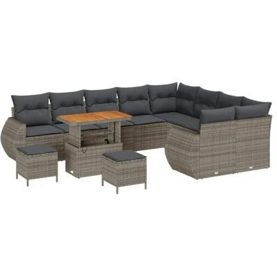 Image of vidaXL 12 Piece Garden Sofa Set with Cushions Grey Poly Rattan Acacia