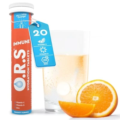 Image of O.R.S Immune Vitamin C Hydration Tablets with Electrolytes, System Booster Vites &amp; Minerals, Vegan, Gluten Lactose Free Soluble Sports Oral Rehydration, Natural Orange Flavour, 20 Tabs