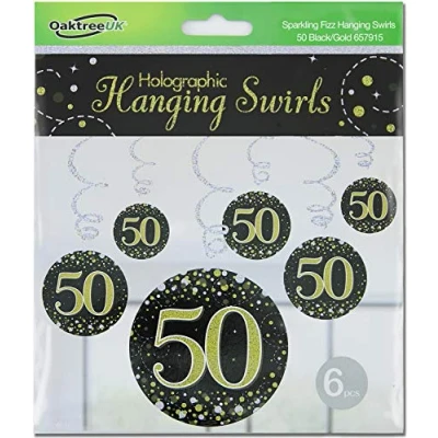 Image of OakTree Sparkling Fizz Hanging Swirls 50th Black/Gold 6pcs