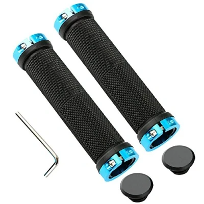 Image of QitinDasen 1 Pair Bike Handlebar Grips, Non Slip Rubber Bicycle Handle Grips with Aluminum Double Lock, Protector for MTB BMX (Blue)