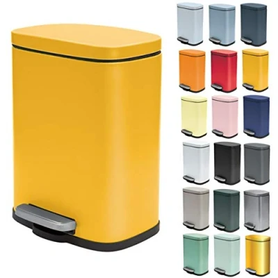 Image of Spirella Akira Cosmetic Bin, 5 Litres, Stainless Steel with Soft Close Mechanism and Inner Bucket, Yellow
