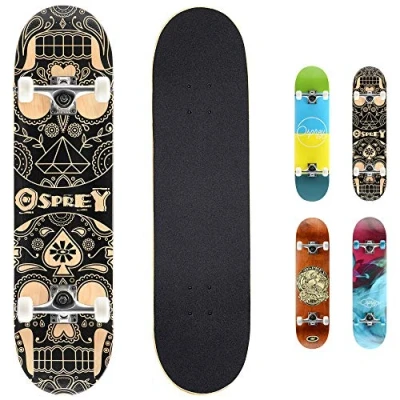 Image of Osprey Complete Skateboard, 31&quot; x 8&quot; Double Kick Skateboard for Kids and Adults, Concave Deck, Includes Grip Tape, Deck Wheels, Candy Skull, Multiple Designs