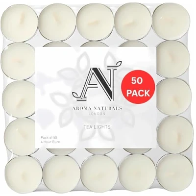 Image of Aroma Naturals London Unscented Tealight Candles Bag 4 Hour Slow Burn Time Standard Size D3.8 x H1.45cm White Wax Candlelight Aluminium Cups Tea Lights Pack of (50)