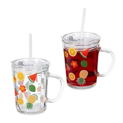 Image of Relaxdays 2X Children&#039;s Cups, Fruit Motif, Drinking Glass for Kids, with Handle, Lid &amp; Straw, 400ml Scale, Transparent, 12 x 12.5 9.5 cm