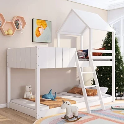 Image of Merax Wooden Bunk Beds for Kids, 3FT Loft Bed with Ladder and Guard Rail, Single Slatted Frame, Space Saving Kids Treehouse Canopy Design Children, White, 90x190 cm (No Mattress)
