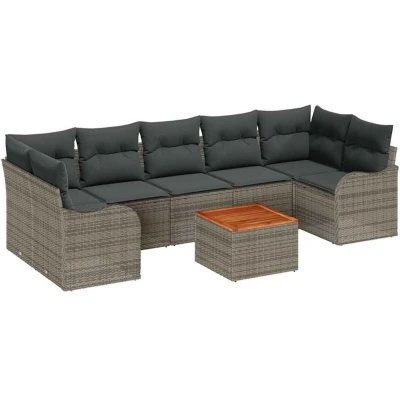 Image of vidaXL 8 Piece Garden Sofa Set with Cushions Grey Poly Rattan Acacia
