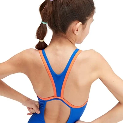 Image of Speedo Girl&#039;s HyperBoom Placement Flyback Blue Orange Swimsuit Swimming Costume, True Cobalt/Volcanic Orange, 5 Years