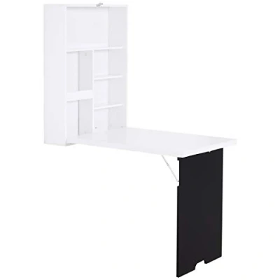 Image of HOMCOM Folding Wall Mounted Drop Leaf Table, Convertible Table With Chalkboard and Storage Shelf, Multifunctional Floating Desk for Home Office, White