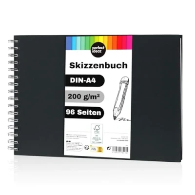 Image of perfect ideaz DIN A4 Sketch Book 96 Pages (48 Sheets), Professional Drawing Block, Black hardcover, Spiral Binding with White Blank Paper, 200 g, &amp; for