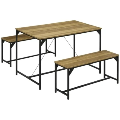 Image of HOMCOM Dining Table and Bench Set for 4, Kitchen with 2 Benches, Space Saving Room Sets, Natural