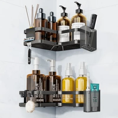 Image of Gerlion 4 Pack Shower Caddy, Adhesive Organizer for Bathroom Storage,Bathroom Shelf Organiser No Drilling,Large Capacity,Rustproof Stainless Steel Organizer,Bathroom Accessories,Black