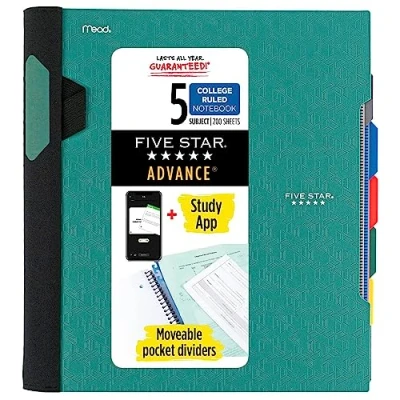 Image of Five Star Spiral Notebook + Study App, 5 Subject, College Ruled Paper, Advance with Guard, Movable Tabbed Dividers and Expanding Pockets, 8 1/2&quot; x 11&quot;, 200 Sheets, Green (73148)