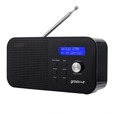 Image of Groov e Venice DAB &amp; FM Digital Radio Built In Alarm Clock Bluetooth Connectivity LCD Display Mains or Battery Operated Portable 20 Preset Stations Black