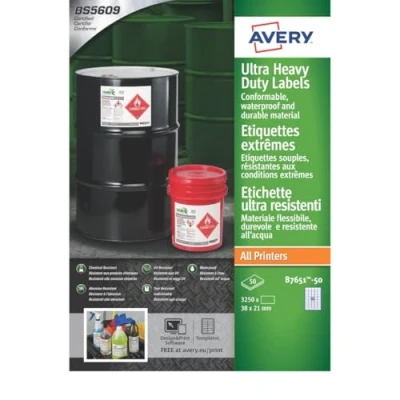 Image of Avery B7651 50 Extra Strong Adhesive, Ultra Heavy Duty Industrial Waterproof GHS Labels, 65 Labels Per A4 Sheet, White,210 x 297 mm