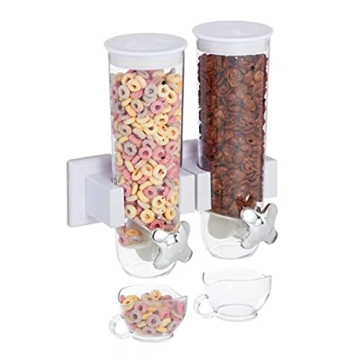 Image of Relaxdays Double Wall Mounted Cereal Dispenser for Cereal, Cornflakes, Sweets, Dispenser, Plastic, White, Pack of 1