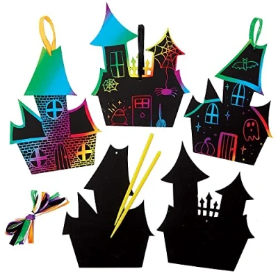 Image of Baker Ross FX189 Haunted House Scratch Art Decorations Pack of 10, Halloween Craft Kits for Kids, Party and Bag Fillers
