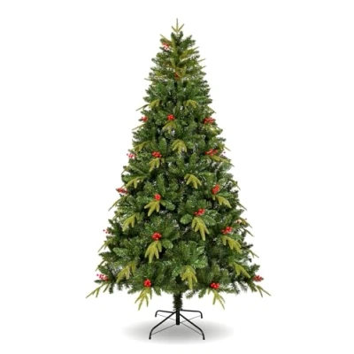 Image of Uten Artificial 6ft Christmas Tree, with Realistic PE Leaves Indoor Home Xmas Tree Decoration, 950 Natural Looking &amp; PVC Tips, 31 Groups Red Berries, Hinged Branches, Metal Stand, Reusable