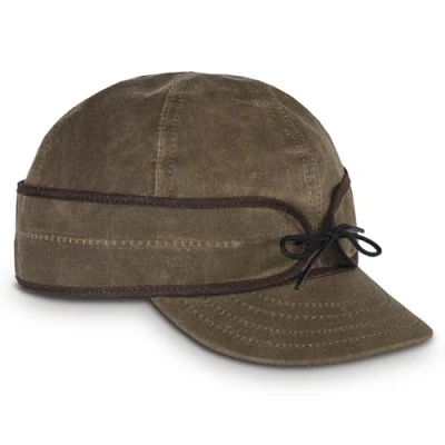 Image of Stormy Kromer Waxed Cotton Cap Lightweight Fall Hat with Earflaps, Dark Oak, 7.625