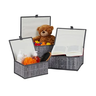 Image of Relaxdays Set of 3 Baskets, Boxes with Lid, Bamboo Container, Decorative Storage, Grey, 13.8 x 26 19 cm