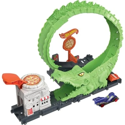 Image of Hot Wheels Track Set with 1 Car, Adjustable that Connects to Other Sets, Gator Loop Pizza Place Playset​, HKX39