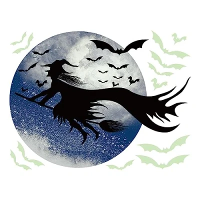 Image of cypreason Witch Wall Sticker, Glow in the Dark Moon Bat Halloween Sticker Horror Stickers, Bats, Large Window Decorations for
