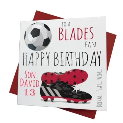 Image of WHITE COTTON CARDS PERSONALISED Blades Sheffield Utd United FC Football Club Fan Birthday Card (28 PER)